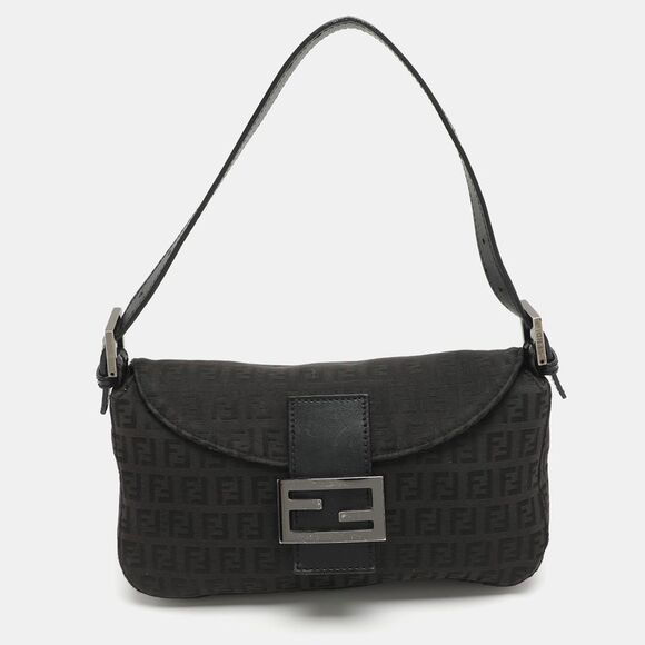 Fendi Handbags - Fendi Forever Brown/black Zucchino Canvas And Leather Baguette Bag
